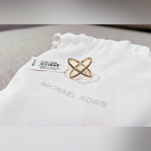 Michael Kors Gold Tone Steel Criss-Cross Clear Pave Crystal Ring - Picture 10 of 12